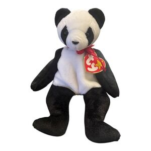 Ty Fortune Beanie Babies Original Panda Bear Plush with Red Ribbon